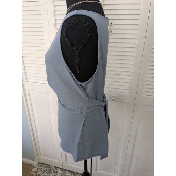 Express Top Womens L Textured Stretch Sleeveless Vneck Tucks Blue Peplum Sash - Picture 4 of 8